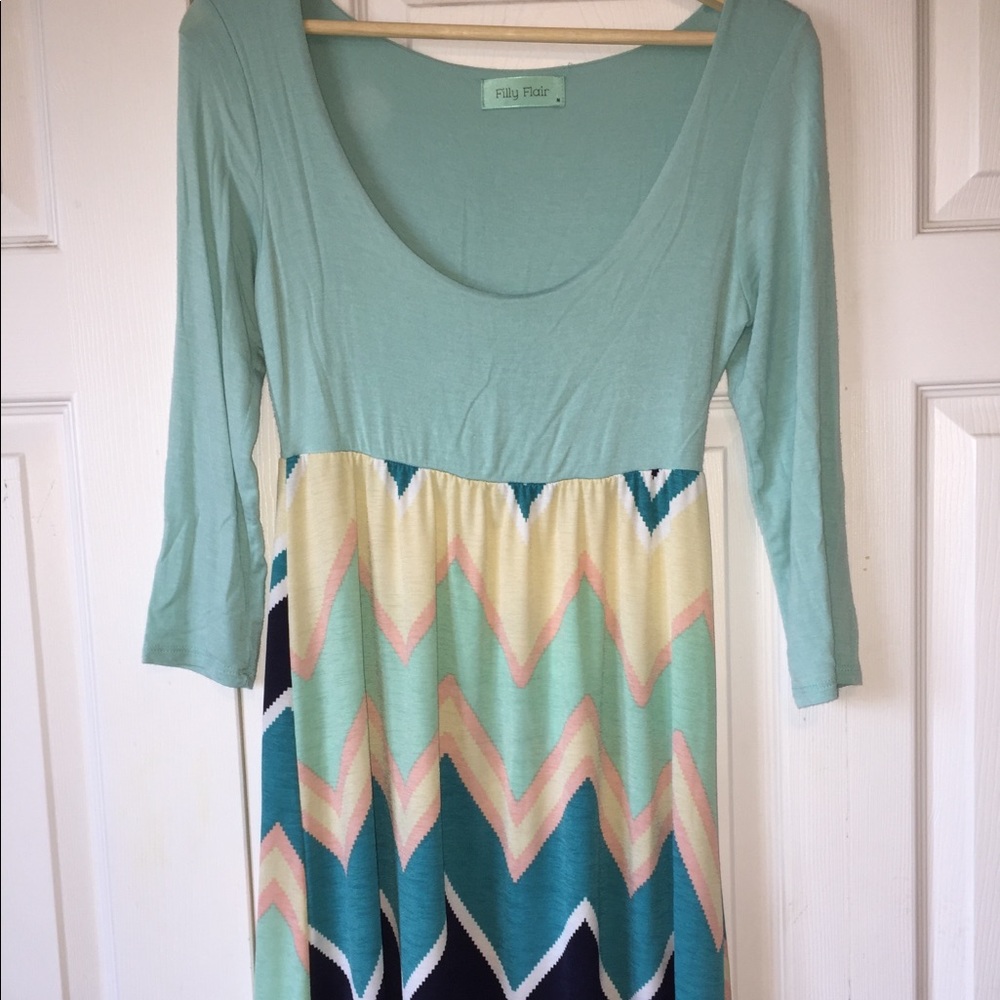 Blue, chevron, scoop neck dress